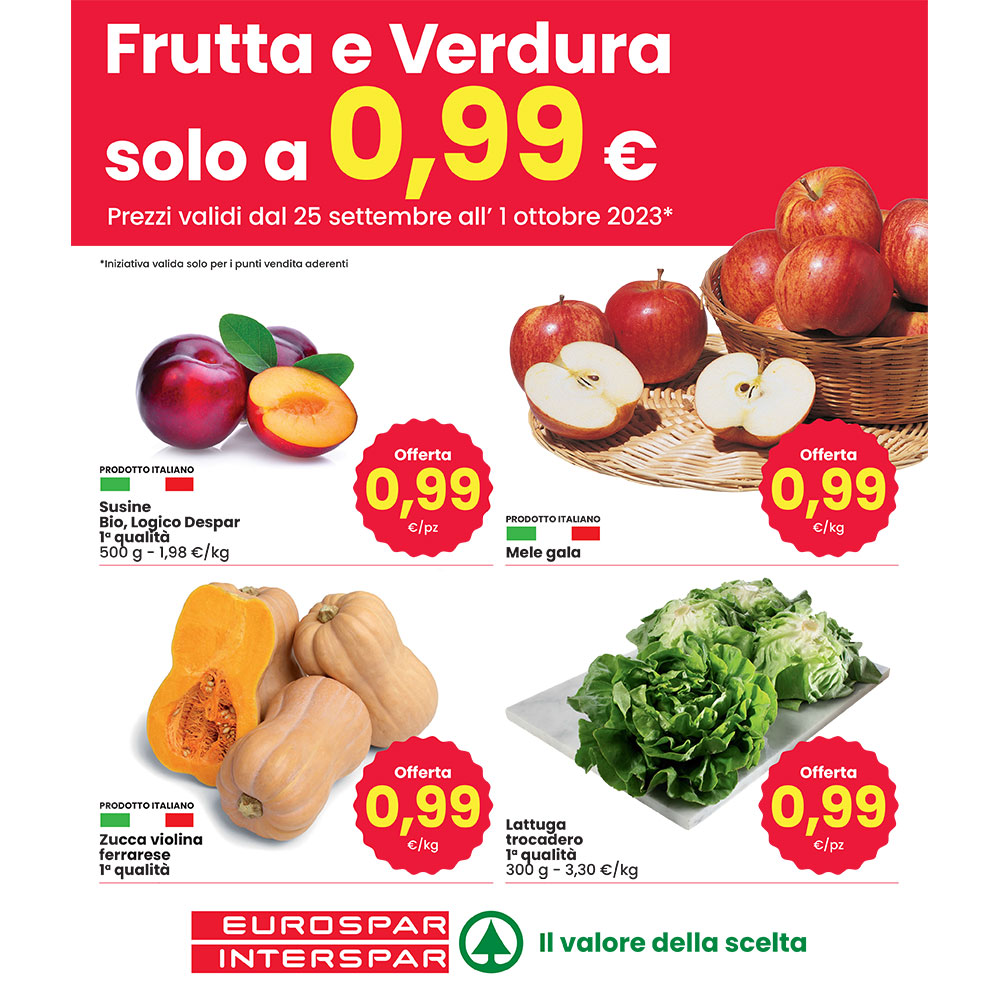 Offerta Interspar - Frutta e Verdura a 0,99 € - Valida dal 25 settembre all’1 ottobre 2023.
